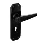 No. 6611BLK<br />Black Bakelite Straight Art Deco style handle on Art Deco style back-plate with keyhole.