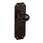 6807MOT<br />Walnut Brown Bakelite Stepped Oval Door Knobs on Art Deco style back-plates without keyhole.