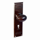 6831MOT<br />Walnut Brown Bakelite stepped oval door knobs on stunning deco back plates with keyhole