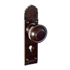 6845MOT<br />Walnut Brown Bakelite stepped round knobs on stunning and rare deco back plate with keyhole