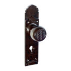 6846MOT<br />Walnut Brown Bakelite (what we call) Zig Zag door knobs on stunning and rare deco back plates with keyhole
