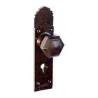 6847MOT<br />Walnut Brown Bakelite hexagonal door knobs on stunning and rare deco back plates with keyhole