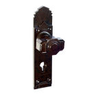 6848MOT<br />Walnut Brown Bakelite tee shaped deco knobs on stunning and rare deco back plates with keyhole