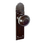 6851MOT<br />Walnut Brown Bakelite stepped round door knobs on stunning and rare deco back plates