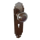 6857MOT<br />Walnut Brown Bakelite plain round stepped door knobs on stunning and rare deco back plates with key hole
