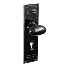 No. 6832BLK<br />Black Bakelite plain oval door knobs on stunning deco back plates with key hole