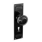 No. 6833BLK<br />Black Bakelite stepped round door knobs on stunning deco back plates with keyhole