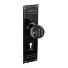 No. 6834BLK<br />Black Bakelite (what we call) Zig Zag door knobs on stunning deco back plates with keyhole