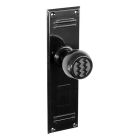 No. 6840BLK<br />Black Bakelite (what we call) Zig Zag door knobs with stunning deco back plates