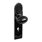 No. 6843BLK<br />Black Bakelite stepped oval door knobs on deco back plates with keyhole