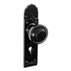 No. 6845BLK<br />Black Bakelite stepped round knobs on stunning and rare deco back plate with keyhole
