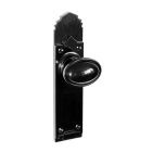 No. 6849BLK<br />Black Bakelite stepped oval door knobs on stunning and rare deco back plates
