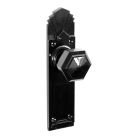 No. 6853BLK<br />Black Bakelite hexagonal door knobs on stunning and rare deco back plates