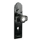 No. 6848BLK<br />Black Bakelite Tee shaped Deco knob with authentic stainless steel trim on deco back plate with keyhole